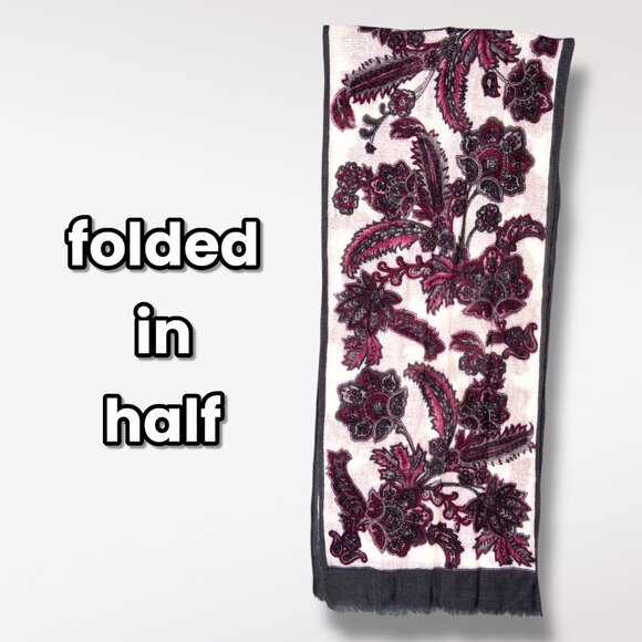 Vintage Floral Print Wool Blend Rectangle Scarf Gray Red White - Picture 6 of 7